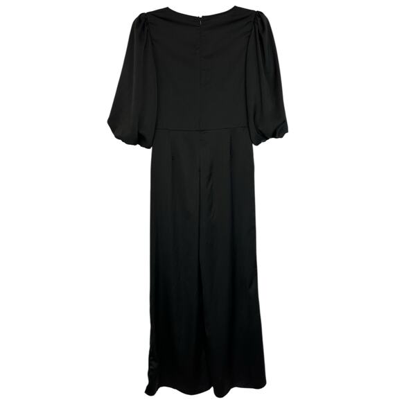 She + Sky Satin Wide Leg Jumpsuit Black Faux-Wrap Balloon Sleeve Size L - Picture 8 of 12
